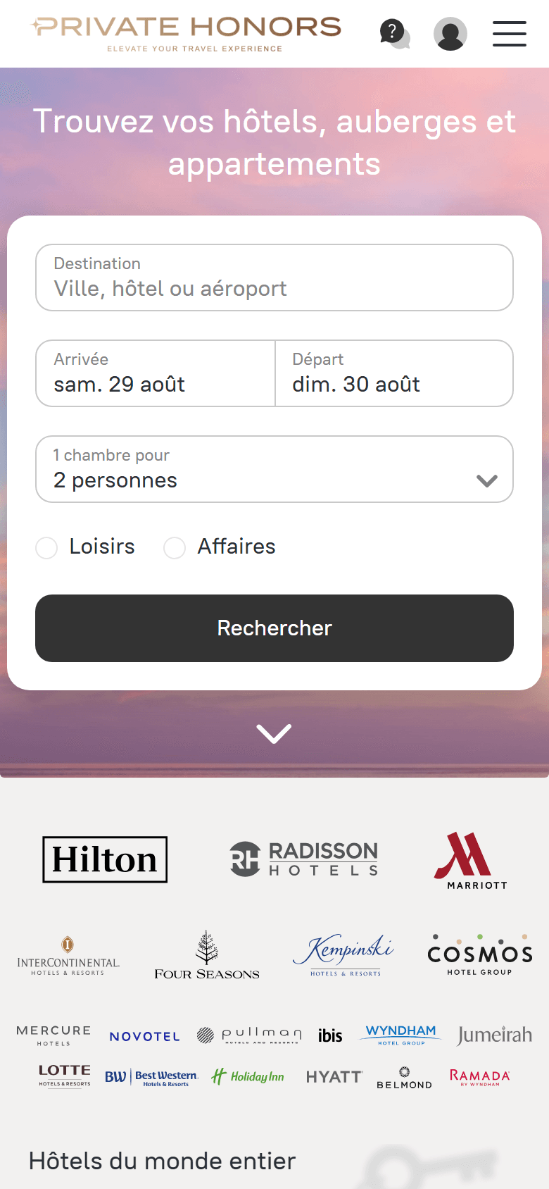 Aperçu de l'application Private Honors — application mobile